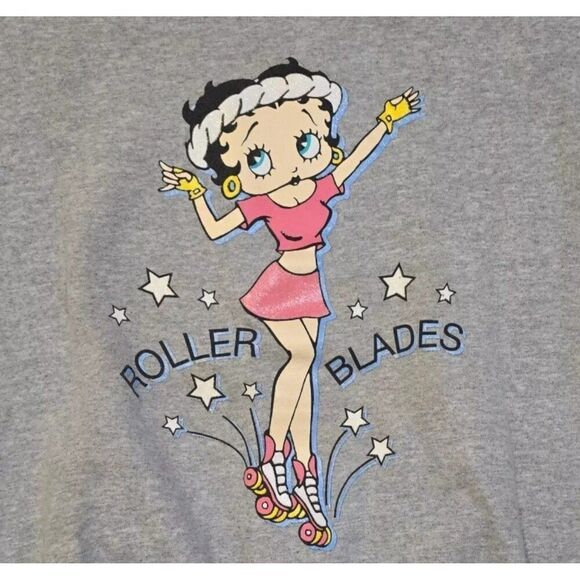 Vintage Betty Boop Sweatshirt XL Gray Roller Blades Graphic Glitter - Picture 2 of 5